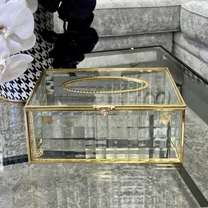 Caja de soporte de papel tisú de latón y vidrio para decoración del hogar de lujo moderno con vidrio transparente y abalorios de latón dorado - Product Image 1