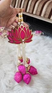 Pink <b>Lotus</b> Wall Hangings with <b>Pearls</b> Diwali, Housewarming Mandir Wedding Decor 18-inch Set of 2 Floral Door & Home Decoration - Product Image 5