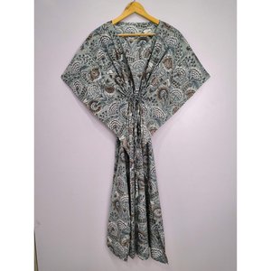Indischer Handbedruckter Boho-Stil Kaftan-Kleid in Tiefem Stahlgrau Atmungsaktiver Leichter Swimsuit Cover-Up - Product Image 3