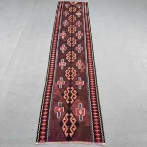 2.8x12.5 ft Vintage <b>Runner</b> Rug, Brown <b>Red</b> Turkish Plants & trees Wool Rug - Product Image 1