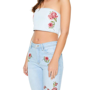 Top Selling Rose Embroidered Denim Tube Top Breathable Customized Design Women Denim Jeans Tube Top With women's <b>shirt</b> - Product Image 1
