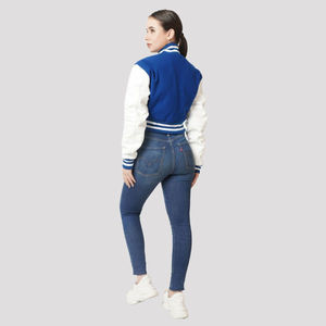 Chaqueta universitaria de lana azul de talla XL para mujer, Top corto con relleno de algodón inspirado en el baloncesto de béisbol, cuello levantado, tejido liso de invierno - Product Image 6