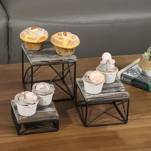 Juego de vajilla de metal de lujo de 3 soportes elevadores de hierro para pizzas y postres tapas de madera negras en diferentes tamaños Venta caliente - Product Image 4