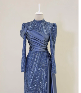 Élégante robe de cocktail en satin pleine longueur pour dames perles de broderie en poly-maille perlée caractéristique antistatique droite - Product Image 2