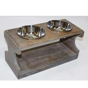 Tazón de madera de acacia para mascotas Alimentador de madera Vrame Stand Tazón de 2 Tazón para perros Tazón de alimentación para gatos Tazón de metal de acero - Product Image 1