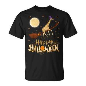 Camiseta de Halloween con diseño de jirafa montada en una bruja con escopeta, unisex para adultos, negra, 100% algodón, divertida camiseta para fiestas de disfraces - Product Image 1