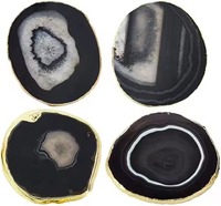Sous-verre en Agate Noire Naturelle Polie de Luxe avec Bordure Dorée, Écologique, Haute Qualité, 3,4-5 Pouces – Cadeau de Noël – Meilleures Ventes