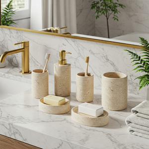 Juego de baño de travertino personalizable, organizador de tocador de lujo de piedra natural para decoración de hogar y Hotel, proveedor de confianza de 35 años - Product Image 6