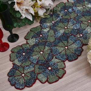 Luxury Floral Design Beaded Table <b>Runner</b> Handmade Green <b>Blue</b> Multi-Color Decorative Mat - Product Image 2