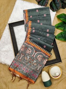 Evergreen Pretty Look nueva moda suave Tussar tela de seda Zari tejido trabajo Casual Wear Sari para damas y niñas - Product Image 4