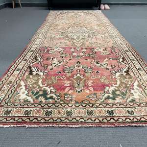 Turkish Vintage <b>Runner</b> Rug 3.7x9.7 ft, Red <b>Green</b> Oriental Wool Rug - Product Image 2