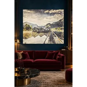 Impresión en lienzo de la embarcada y las cabañas de madera Fida en un lago de montaña - Product Image 5