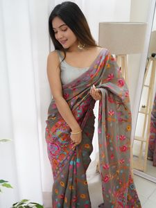 Elegante Saree Tradicional de Lino y Georgette con Estampado Serigrafiado, Suave, Duradero, Sin Arrugas, PINKWEAVE, para Todas las Temporadas, Fiestas y Bodas - Product Image 4