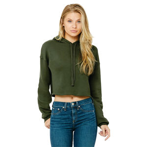 Raw Hem Women's Cropped Fleece Hoodie 3D Embroidery 52% Airlume <b>Combed</b> Ring Spun Cotton 48% Poly Green Dropped Shoulder Hooded - Product Image 1