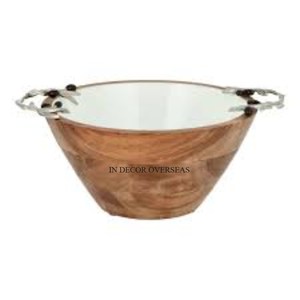 Bol de service de forme ronde en bois de mangue de la meilleure qualité avec des feuilles en métal plaqué or - Product Image 5