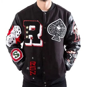 Alta calidad personalizada ODM OEM hombres lana Letterman Varsity chaqueta de cuero Real con capucha cuello suelto felpa bordado ropa de invierno - Product Image 1