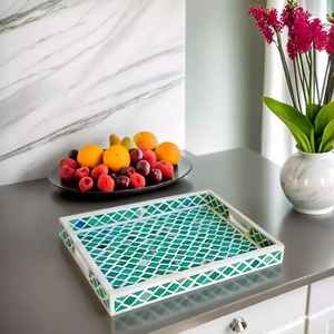 ถาดเสิร์ฟทำจากไม้ฝังกระดูกสีเขียวทนทานเป็นมิตรกับสิ่งแวดล้อมงานแฮนด์เมดดีไซน์ทันสมัยสำหรับงานแต่งงานงานดิวาลีตกแต่งกาแฟ - Product Image 3