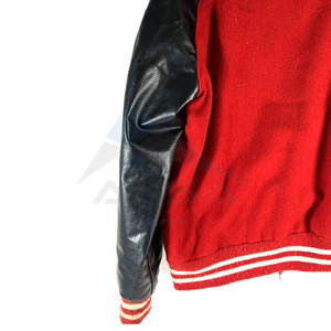 <b>Red</b> <b>and</b> <b>Black</b> Baseball <b>Varsity</b> <b>Jacket</b> with Adjustable Drawstrings Roomy Hand Warming Side Pockets Cotton Polyester Blend Fabric - Product Image 6