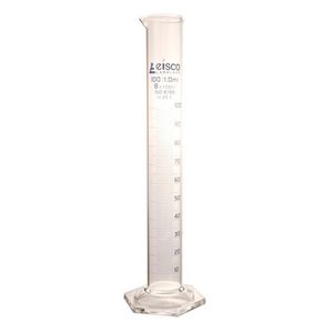 Cylindre gradué en verre borosilicate 100 ml avec base en verre, marquages blancs et tolérance de 1,00 ml - Product Image 1