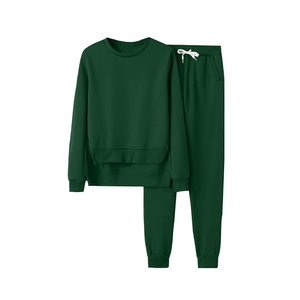 เซ็ตเสื้อครอปแบบลำลองสำหรับผู้หญิงชุดวอร์มกีฬาเสื้อคอกลมสีพื้นสำหรับฤดูหนาวกางเกงขายาวเสื้อครอปแบบสองชิ้น - Product Image 4