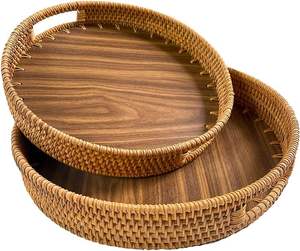 Plateau de service rond classique en rotin avec poignées-Plateau de service en rotin de retraite feuillu: Design inspiré de la nature - Product Image 4