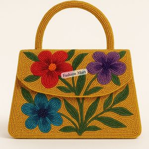 Sac à main chic Boho avec broderie de perles florales accrocheuses sur une base jaune dorée Lady Fashion Style - Product Image 1