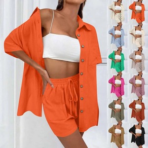 <b>Ladies</b> Solid Color Fashion Half-sleeved Shirt Top Button Tie Front Pocket Drawstring <b>Shorts</b> Sports <b>Casual</b> Regular Soft Set - Product Image 5