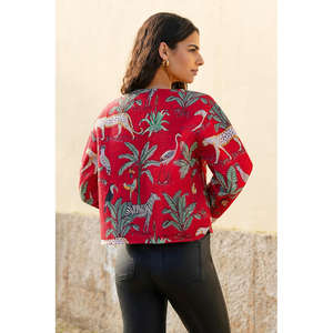 Chaqueta de Algodón Acolchada con Estampado Bohemio de Selva Roja para Mujer, Estilo Vintage con Botones, Corta, Floral, Transpirable, Resistente al Viento y Antiarrugas para Otoño - Product Image 5