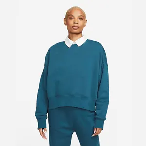 Women's Casual Teal Blue Crop Sweatshirt Relaxed Fit Ribbed Crewneck 70% Cotton 30% Recycled Polyester Fleece Ribbed Cuffs Hem