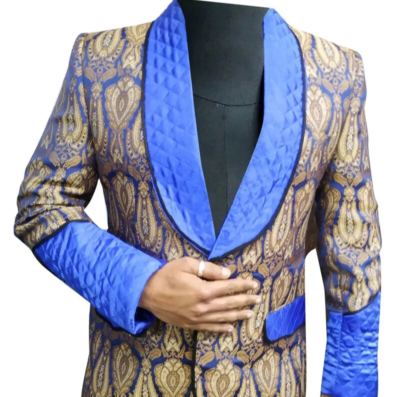 Bleu Paisley Imprimer Garçons D'honneur De Mariage Dîner Vestes Partie Porter Blazers Slim Fit Veste Hommes Fumer Velours Blazers En Gros