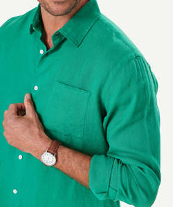 Chemise décontractée d'été pour homme en lin vert olive, manches longues, col rabattu, teinte unie, anti-rétrécissement, séchage rapide, durable, 120g - Product Image 4