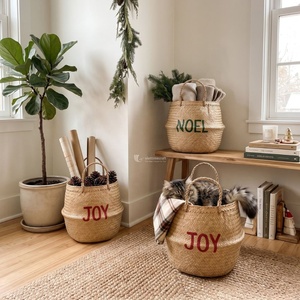 Juego de Cestas de Almacenamiento Plegables de Seagrass Rosa Rústico Ecológico para Navidad, Tejidas a Mano, con Decoración de Letras Impresas para Festividades - Product Image 3