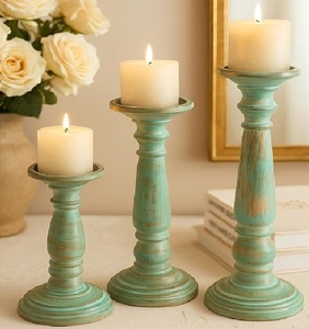 Bougeoirs rustiques en bois, patine turquoise, décoration de ferme, vintage, aspect vieilli, socle bleu sarcelle, accessoire de décoration intérieure, lot de 3 - Product Image 2