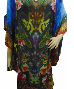 Caftan de 36 pouces en mousseline de soie bohème à fleurs licou, coupe régulière, impression numérique personnalisée, été avec tour de taille naturel - Product Image 3