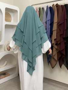 2024 haute qualité Khimar 3 couches plaine écharpe de prière avec volant pour les femmes musulmanes tête cravate dos Thobe/Thawb pour la prière de printemps - Product Image 2