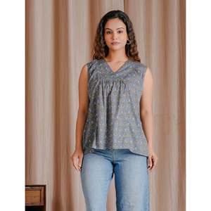 Grey Butti Cotton Mulmul Top Breathable Block Printed Woven Cotton Short Top - Product Image 1