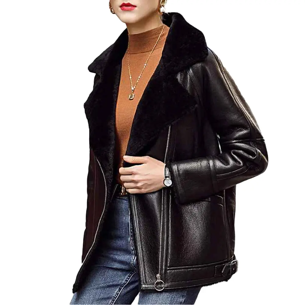 Jaket kulit wanita, pakaian untuk wanita, jaket sepeda motor kerah bulu tebal hangat mode musim dingin baru 2023