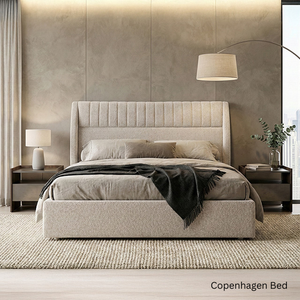 Juego de Muebles de Dormitorio Principal Contemporáneo con Cabecera Acolchada Minimalista de Tela Crema de Diseño de Copenhague para Cama Doble - Product Image 1