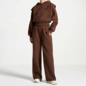 Vente en gros imprimé couleur unie 100% coton respirant fermeture éclair survêtement ensemble femmes debout devant lourd hiver sportif à capuche survêtement - Product Image 2