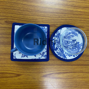 Ensemble de dessous-de-verre en coton écologique imprimé à la main, avec passepoil matelassé, bleu progressif, 5x5 pouces, tapis pour tasse à thé, décoration de table bohème - Product Image 3