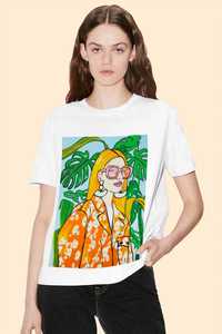 Camiseta elegante de calle para mujer 2025 básica cuello redondo manga corta belleza chica estampado contraste Color Casual moda Top para mujer - Product Image 2