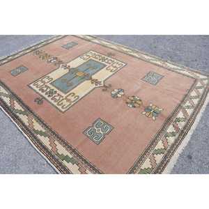 Turkish Vintage Rug, 6.9x9.6 ft Rug, <b>Brown</b> Blue Ikat <b>Wool</b> Rug - Product Image 2