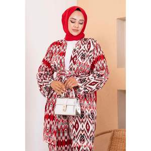 Hijab de viscosa roja con estampado étnico, conjunto modesto de 2 piezas - Product Image 3