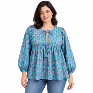 Blusa Corta de Verano Informal con Cuello Redondo, Hecha a Mano con Estampado Indio, de Algodón Puro, Diseño Floral Bohemio, Manga Abullonada con Borlas - Product Image 5