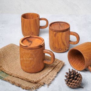 Taza de madera Natural 100% para cerveza y Artículos de bar y mesa con asa Taza de cerveza Taza de café hecha a mano - Product Image 5