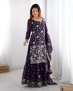 Sharara Salwar Kameez Tradicional de Diseñador, Bordado, para Mujer, en Georgette, para Fiesta/Playa, de Secado Rápido, Corte Regular, ZAIN EXPORTS - Product Image 3