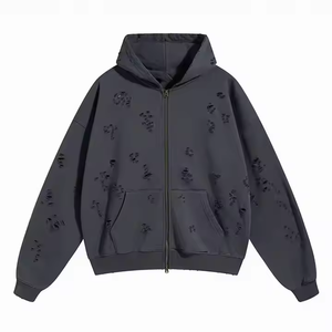 Sweats à capuche zippés personnalisés de 600g, crop fit, poids lourd, coton organique, impression en silicone, patch de broderie en détresse, sweats à capuche à fermeture éclair - Product Image 5