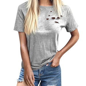 Qualité supérieure femmes déchiré trou t-shirts nouveau modèle faible taux femmes déchiré trou t-shirts - Product Image 6