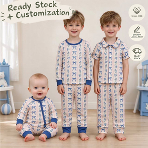 Pyjamas pour filles, manches longues, bleu, nœud papillon, fleurs, vêtements pour enfants, ensembles de vêtements pour enfants, OEM/ODM/RTS. - Product Image 1