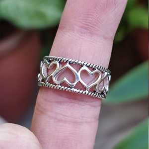 925 Sterling Silver Handmade Women's <b>Ring</b> Band Heart to Heart Connected <b>Circle</b> Hearts with Cut Ruby Christmas Gift - Product Image 5